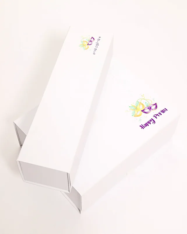 Printed white magnetic gift box with festive artwork