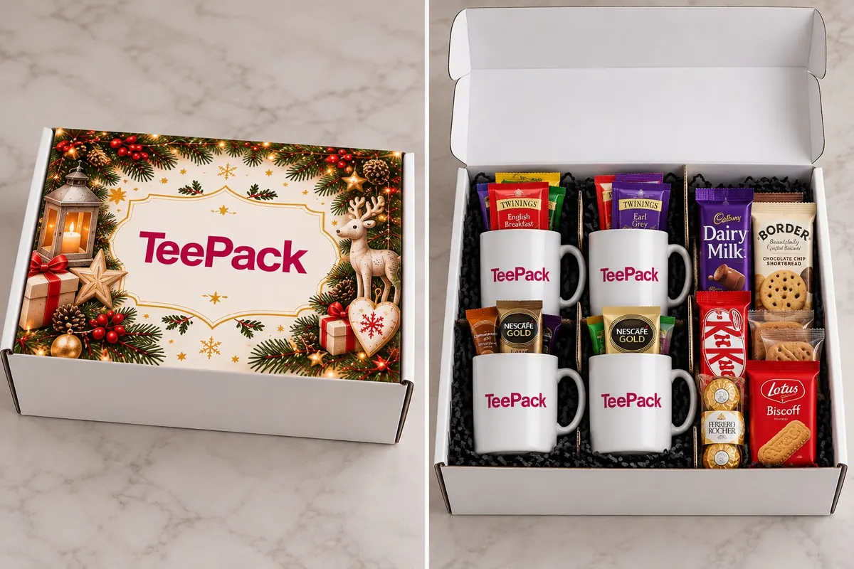 A gift box printed with a logo, open to show four branded mugs, tea, coffee and chocolate