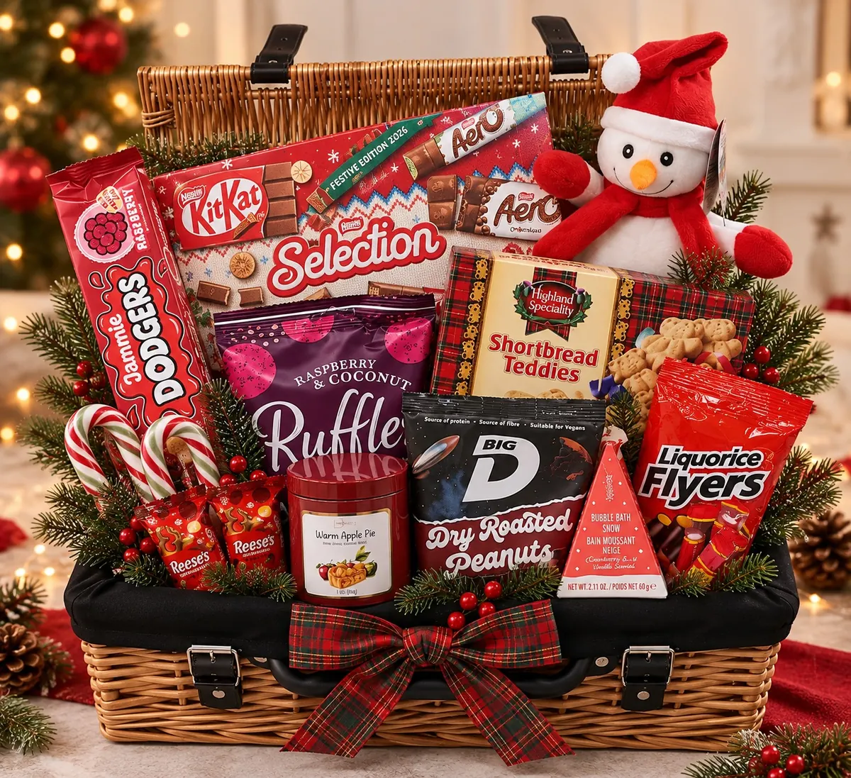 A wicker hamper filled with chocolates, biscuits, a candle and treats