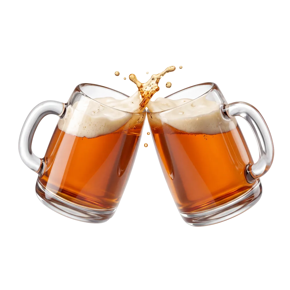 Two beers clinking together